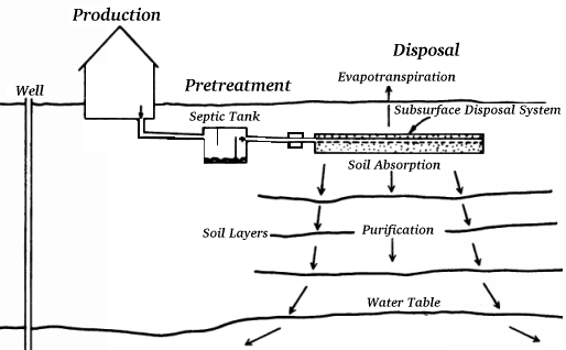 In the diagram, sewage travels to a leaching field after it goes through the 