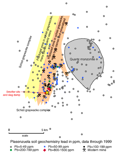 Map of lead in soils showing area of enrichment.